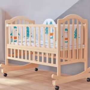 Multifunctional Baby Crib Infant Bassinet Portable Wooden Baby Cot with Wheels and Mosquito Net