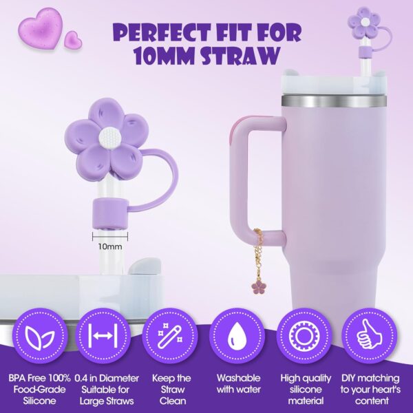 cicadawing Silicone Straw Cover Caps for Stanley Cup 30 & 40 Oz Tumbler,4 pcs Colourful Flower Straw Tips and 2 pcs Handle Charms Set for Stanley Cup Accessories(purple) - Image 4